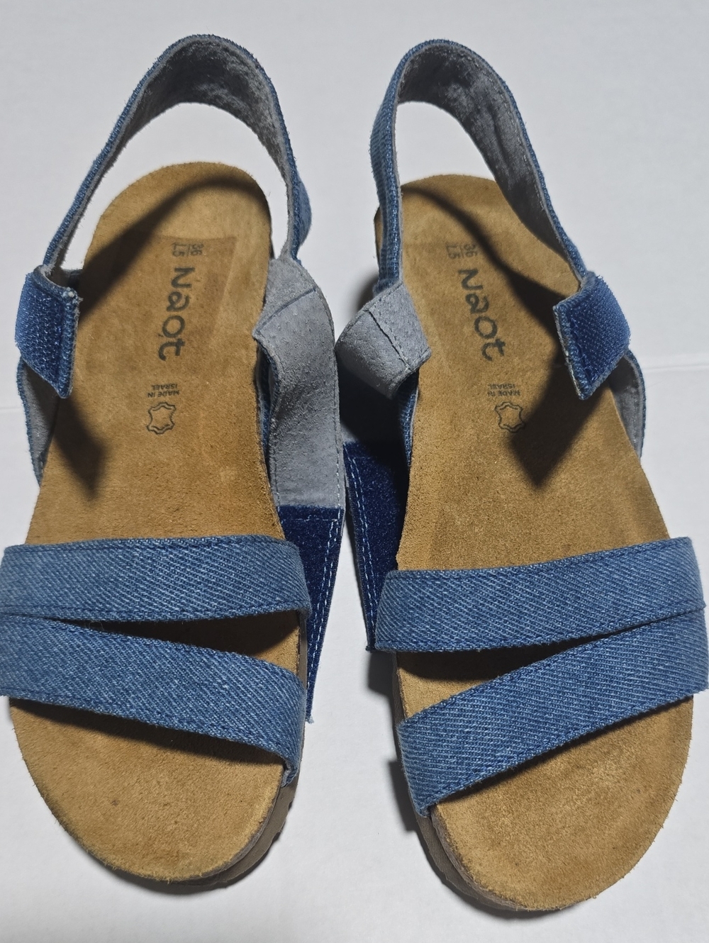 Naot Denim-Textured Blue Slingback Wedge Sandals